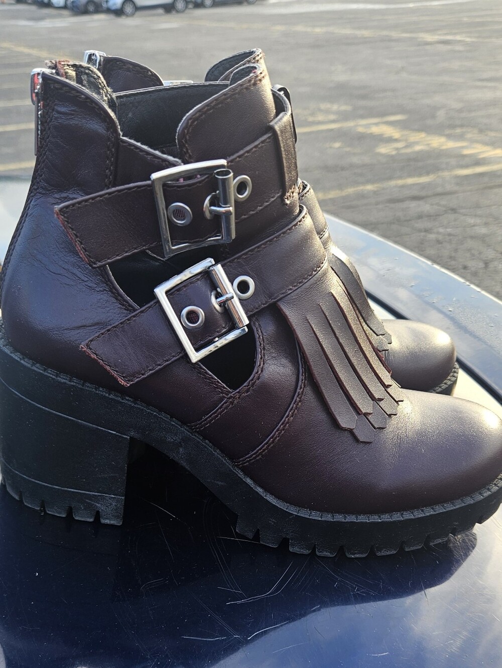 Steve Madden Dark Purple Buckle Fringe Ankle Booties